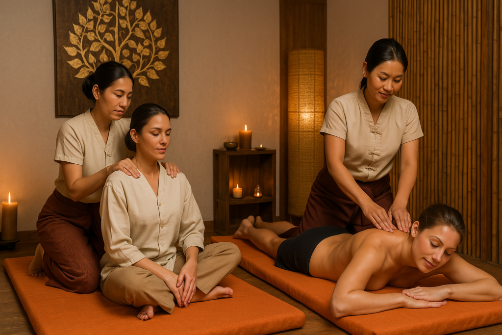 Twee Thaise vrouwen geven oliemassage aan één klant en traditionele massage aan een ander