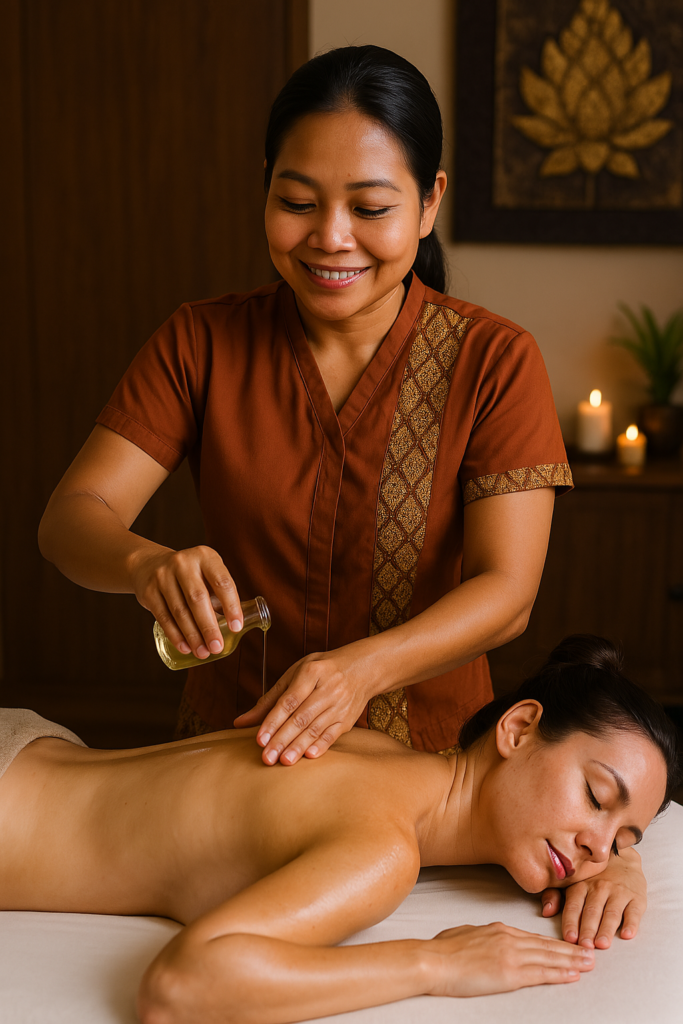 Masseuse in traditionele kleding geeft Thaise oliemassage