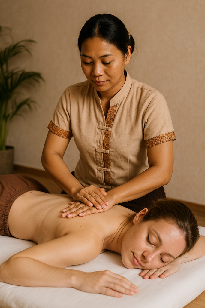 Thaise vrouw geeft traditionele Thaise massage aan een klant
